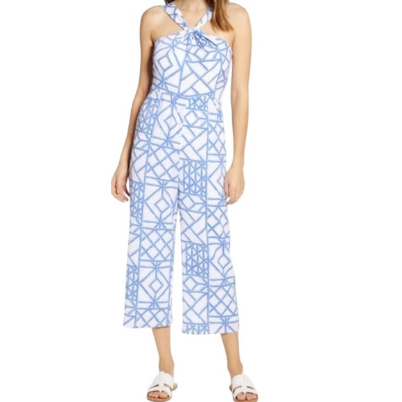 Vineyard Vines Bamboo Lattice Halter Jumpsuit Size 10 Blue White - Picture 1 of 16